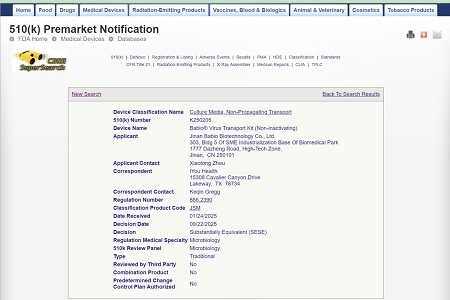 BABIO obtient l'autorisation 510(k) de la FDA américaine pour son kit de transport de virus (non inactivant)